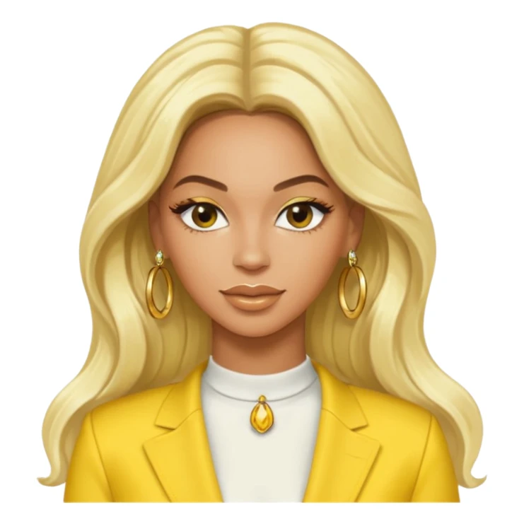 Beyonce with long platinum blonde hair, yellow outfit and earring sticker