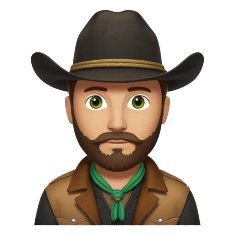 yellowstone ranch cowboy with brown beard & green eyes, black cowboy hat with plain black rope and no jewel, black shirt, and leather tan jacket sticker