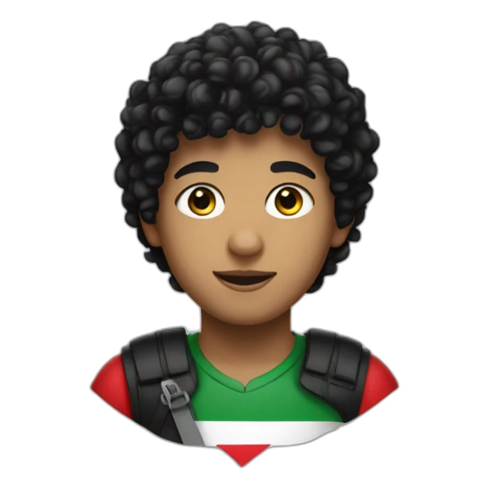 A boy, black hair, curly hair, wearing the Palestine flag sticker
