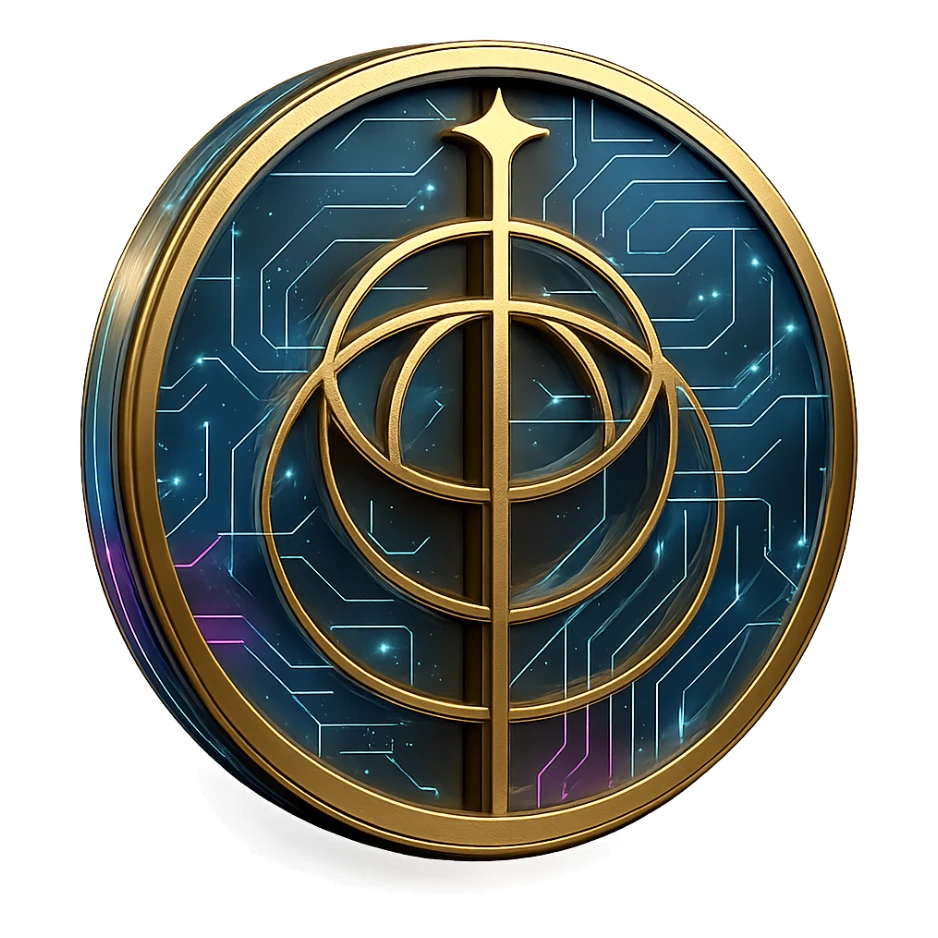 Re-imagine the main symbol as a gold object inside a circle. Overlay the circle with glowing neon blue and pink circuit patterns in a clean, futuristic cyberpunk holographic style. The background outside the circle should be transparent, maintaining a sleek cyberpunk aesthetic with neon and circuit effects on the circle. sticker