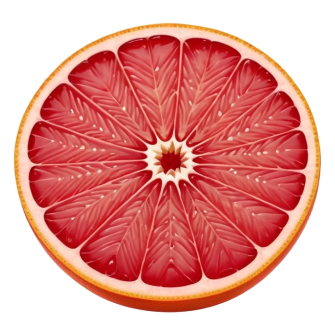 whole pink grapefruit with smooth glossy orange-pink peel, thick wedge slice showing juicy red-pink segmented flesh, moist translucent interior, clean defined segments, no leaves, no juice, no background, soft lighting, subtle shadows, emoji scale sticker