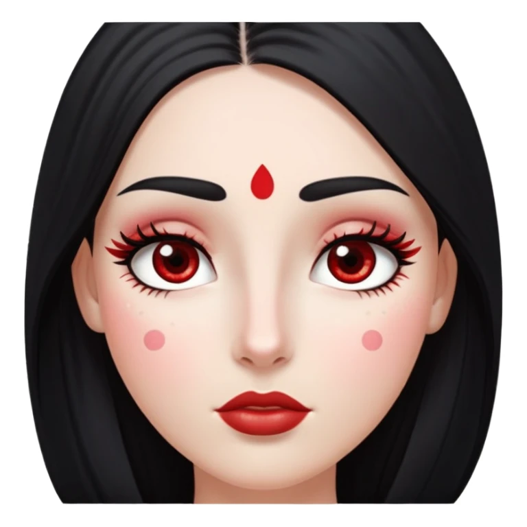 White girl with long oval shaped face, large almond shaped eyes with long eyelashes, long straight black hair falling in front of her bare shoulders, face closeup, with red and white gopi dots decorating her forehead above eyebrows sticker