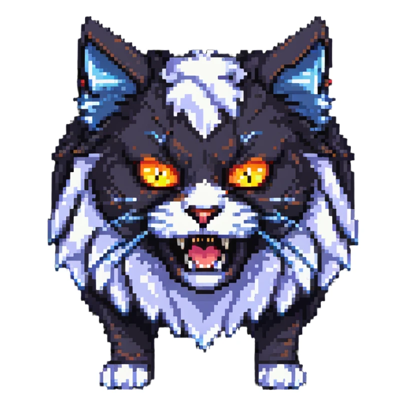 fierce fluffy cat with glowing eyes and snarl sticker
