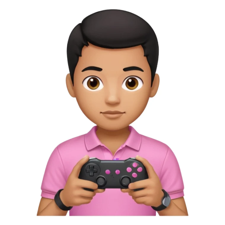 generate a pretty tan bratz boy with a pink polo. Holding a gaming controller in hand. Black hair sticker