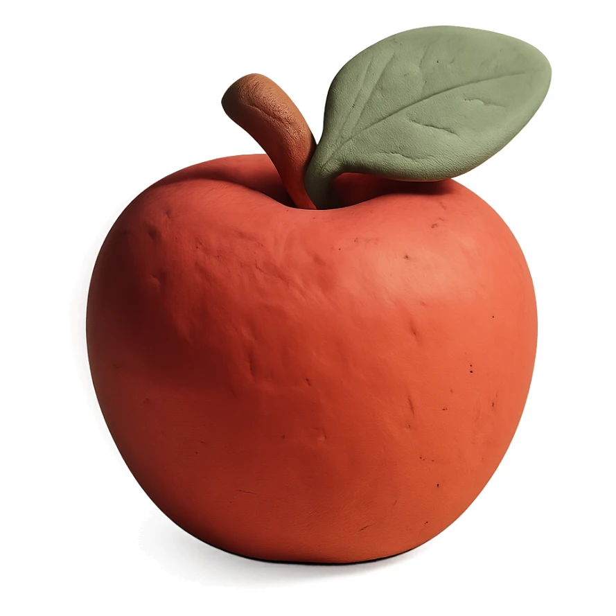 a red apple with a green leaf, claymation style, pastel colors, visible fingerprints sticker