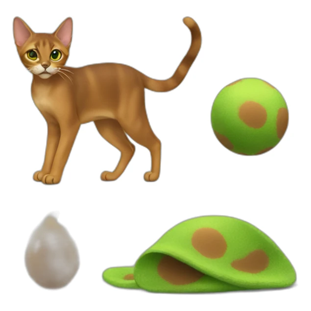 Abyssinian cat play with a smallgreen fur ball sticker