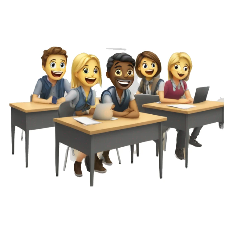 3 European students sitting at desks. They are laughing at lesson sticker