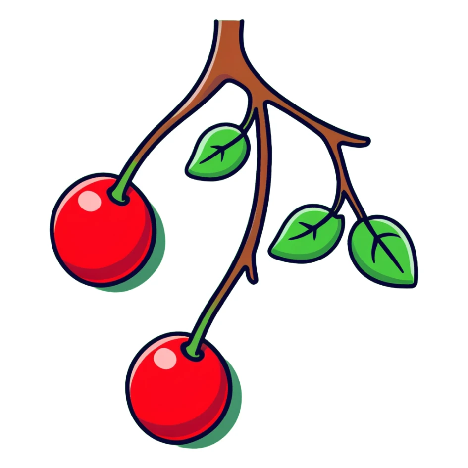 Two plump red cherries hanging from a small branch with green leaves sticker