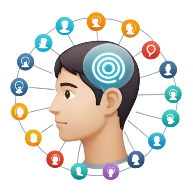 Circular web of profile icons linked by glowing lines, with one highlighted in the center, on a soft neutral background. sticker