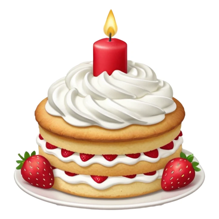 Strawberry shortcake with cream and small strawberry on top with one red candle sticker