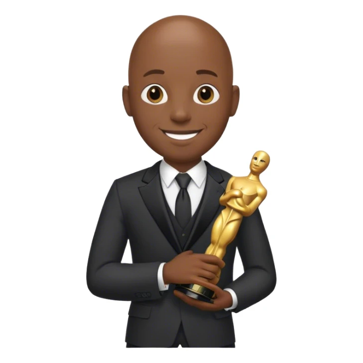 smiling bald black man in suit holding an Oscar sticker