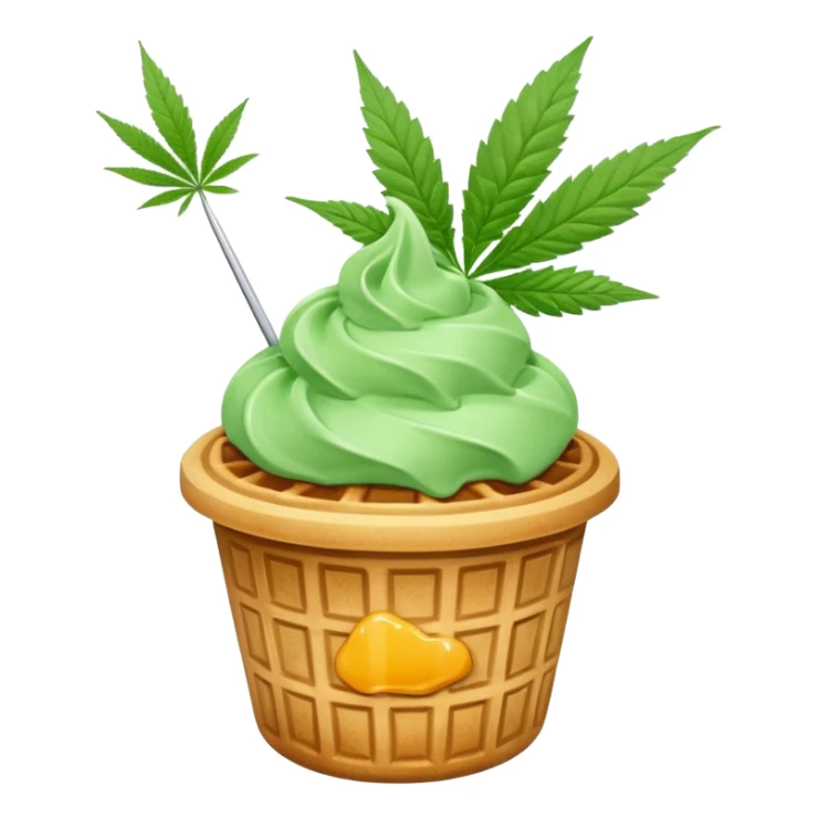 gelato in a waffle cup with cannabis leaf sticker