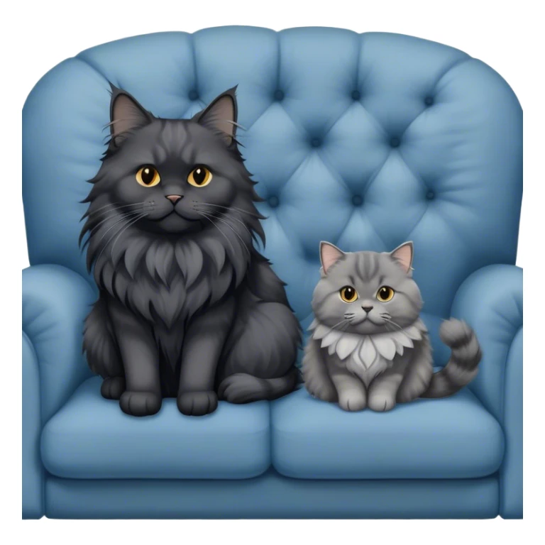 A large black smoke Maine Coon cat with long grey ear tufts and a fluffy grey ruff, sitting next to a chubby British Shorthair cat in blue color with plush fur, both sitting comfortably on a sofa. Beautiful room background with flowers and soft lighting. Transparent background. sticker