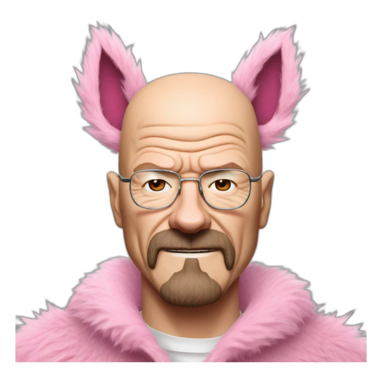 walter white wearing a pink wolf furry suits, slight blush cheeks, expressing a reaction mixed with excitement and embarrassment. sticker