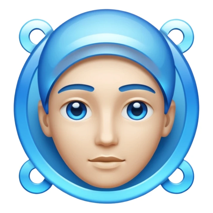 A non-human presence appearing as a glowing blue-white holographic interface with floating geometric shapes or a faint head-and-shoulders outline and no physical facial features. sticker