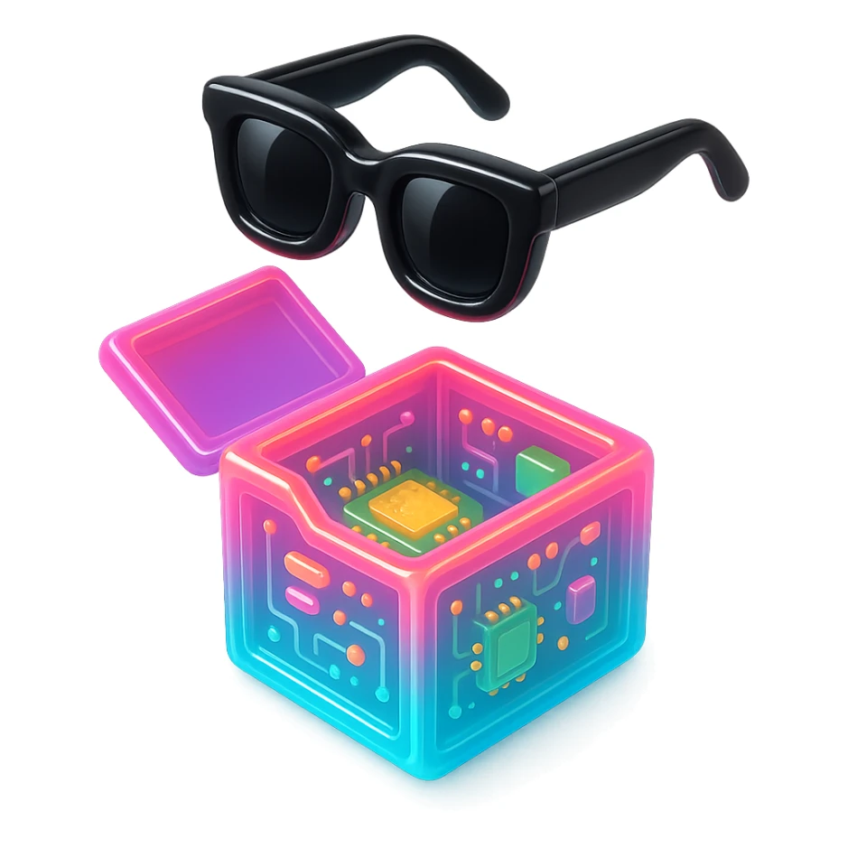 a neon box opened with black sunglasses floating above, outlined with bright neon colors, minimal background sticker