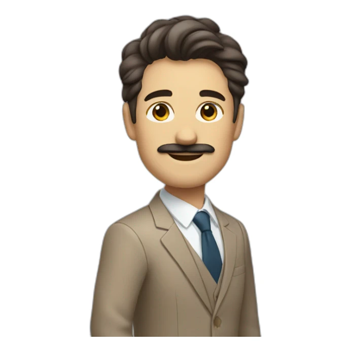 Man with light brown suit, dark hair and small mustache waving sticker