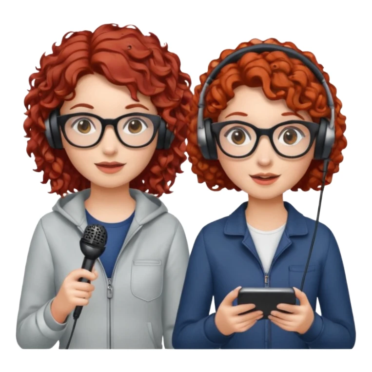 two girls. both white. one with curly red hair and glasses. one with curly brown hair without glasses. there are headphones and microphones for doing a podcast sticker