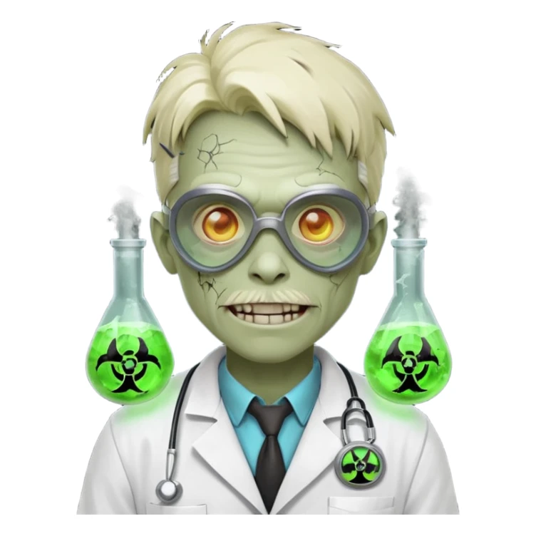 radioactive zombie scientist portrait, head and shoulders only, glowing toxic veins, cracked goggles, lab coat with radiation badge, sinister smile, 3D cartoon, mobile game icon style, clean background, no text, no watermark
 sticker