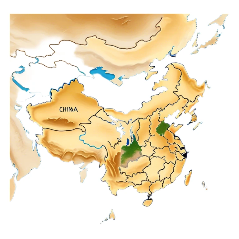 Cinematic-realistic outline of china, featuring its distinct landmass with accurately defined coastlines. The deep blue ocean surrounds the golden-brown continent, with subtle topographic shading to highlight its terrain. A soft glowing effect enhances the edges, making the shape stand out against a neutral, textured background. sticker