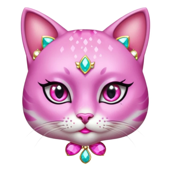 glamorous cat portrait, head and shoulders only, exaggerated pink makeup, bright eyeshadow, long eyelashes, shiny blush cheeks, sparkling face gems, glitter accents, elegant earrings, fantasy beauty style, cute 3D cartoon, mobile game icon style, clean background, no text, no watermark
 sticker