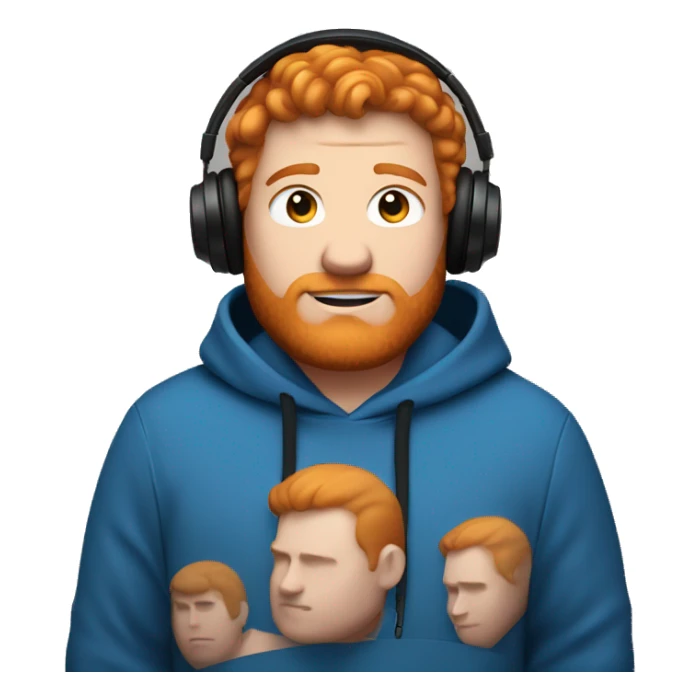 A vary fat ginger haired  guy with black headphones and a blue hoodie sticker