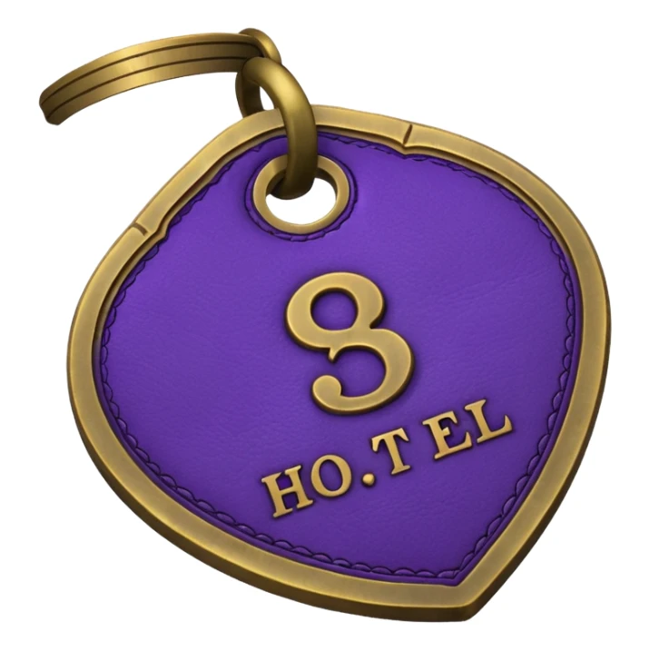 antique brass hotel key with large purple leather room number tag sticker