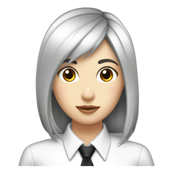 white female bangs black straight hair white shirt black tie sticker