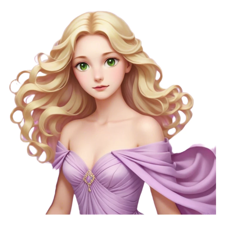 Cinematic Realistic Rapunzel Portrait, with porcelain-like skin featuring a subtle, natural glow, illuminated by soft lighting that brings out the gentle contours of her face. Her long, golden blonde hair cascades in detailed waves, each strand highlighted with a radiant shimmer as it catches the light. She playfully holds a flower in one hand, her other hand resting casually in her lap, with a warm and spirited expression. Her bright, expressive green eyes exude curiosity and warmth, framed by delicate lashes and soft, arched brows. She is dressed in her classic lavender and pink gown, the fabric textured with delicate folds that flow naturally, catching the light with a soft, radiant glow. The portrait captures a luminous, enchanting aura, seamlessly blending realism with a whimsical, fairytale charm, evoking a timeless sense of beauty and magic. sticker