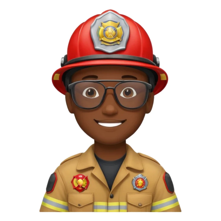 Young, male, dark skin, wearing sunglasses, firefighter uniform, happy sticker