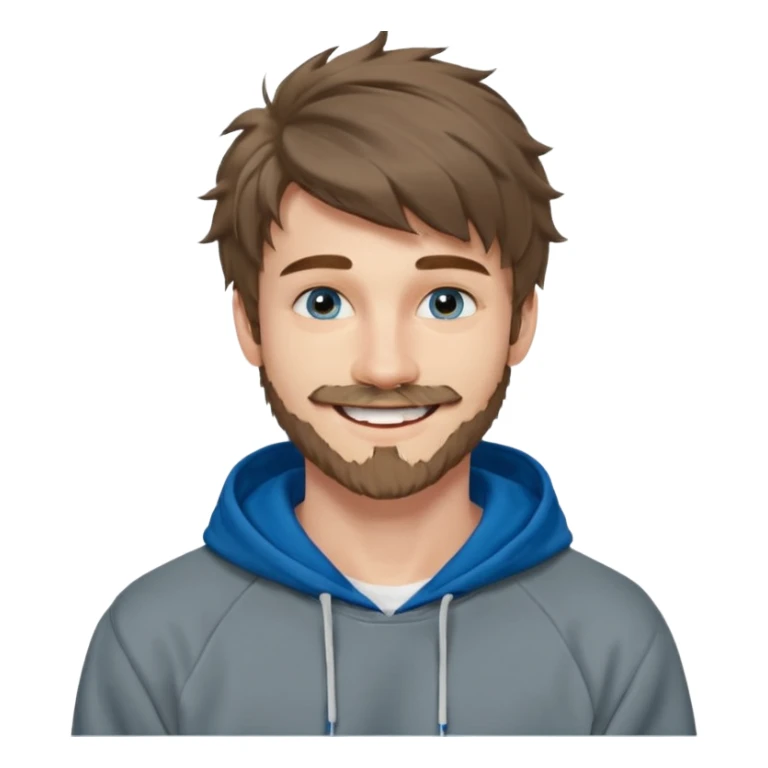 20 year old man, short scruffy beard and thin moustache, brown puffy mullet, blue eyes, big smile, white teeth, big lips, pronounced jaw, hair longer in back, sticking up on top, thin face, grey hooded sweatshirt, pale skin, big smile, blue eyes, puffy hair that is long in back sticker