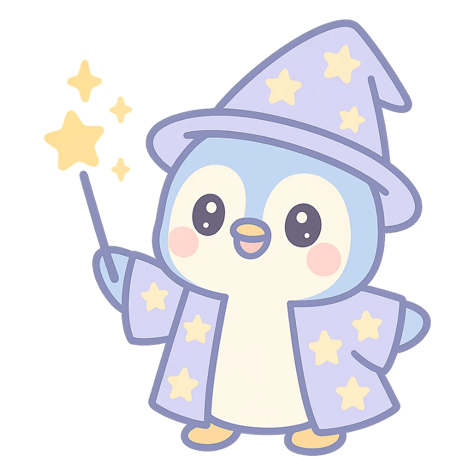 a cute penguin wizard casting a spell, wearing a starry robe and holding a wand sticker