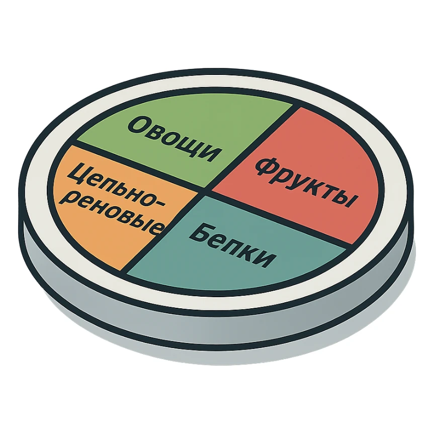 Harvard plate divided into 4 sectors with labels in Russian: 'Овощи', 'Фрукты', 'Цельнозерновые', 'Белки'. Detailed plate with shadows and highlights, volumetric, modern infographic, transparent background. sticker