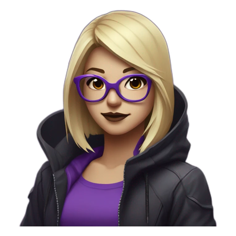 Girl blond developer with round glasses left side behind his laptop with this style: Valorant Riot Game purple character purple black hooded hacker  sticker