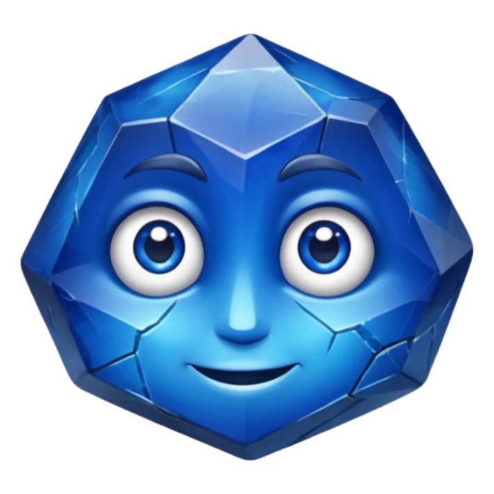 A single sapphire-blue faceted rock head, chunky and worn, with a few visible cracks and chipped facets but still shiny, big kind eyes and a confident smile, 3 sticker