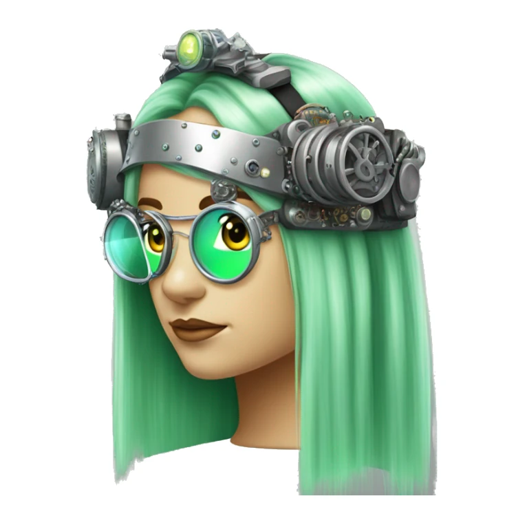 Light green long hair female cyborg head with silver steampunk headband goggles, circuits sticker