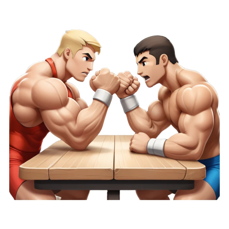 Two strong competitors locked in an intense arm wrestling match, muscles tensed as they battle for victory. The table is well-lit, showcasing their focused expressions and powerful arm grips. The background features a competitive arena with a cheering crowd. Transparent background. sticker