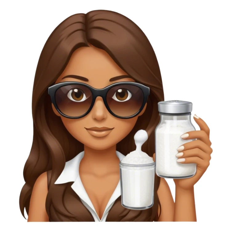 woman with long brown hair and sunglasses holding a salt shaker sticker