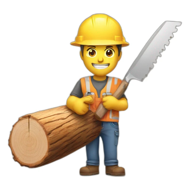 Work comes out a wooden log and a saw in one hand sticker