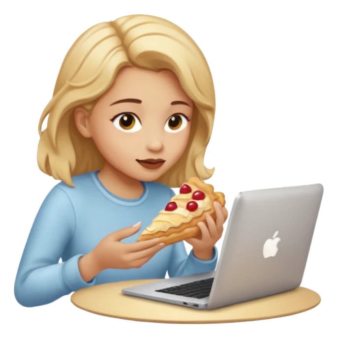 a girl looking in her computer a pastrie with good food  sticker