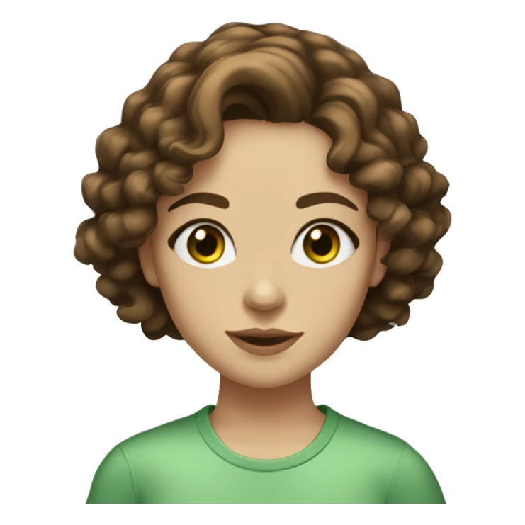 girl green eyes, medium-length brown hair, slightly curly, not thick eyebrows, medium lips with corners, round-oval face shape, small nose sticker