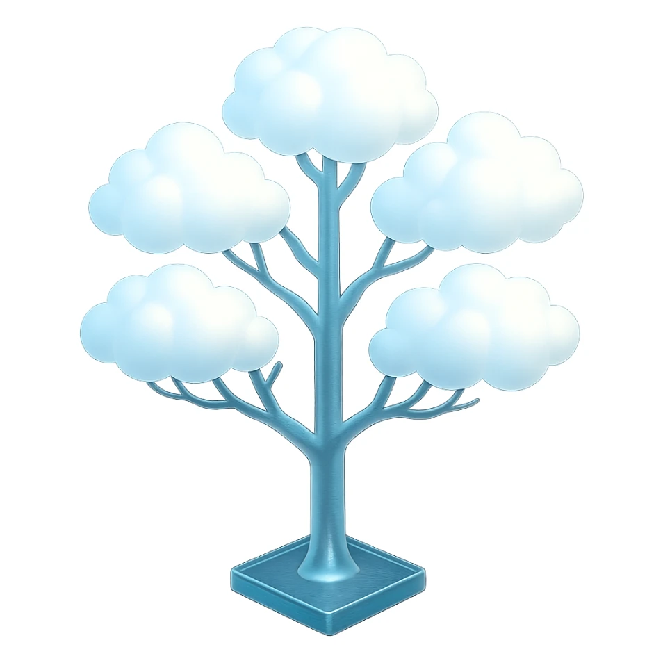 one tree with many branches and a white trunk, crown made of small very bright white fluffy convex clouds, matte glass style sticker