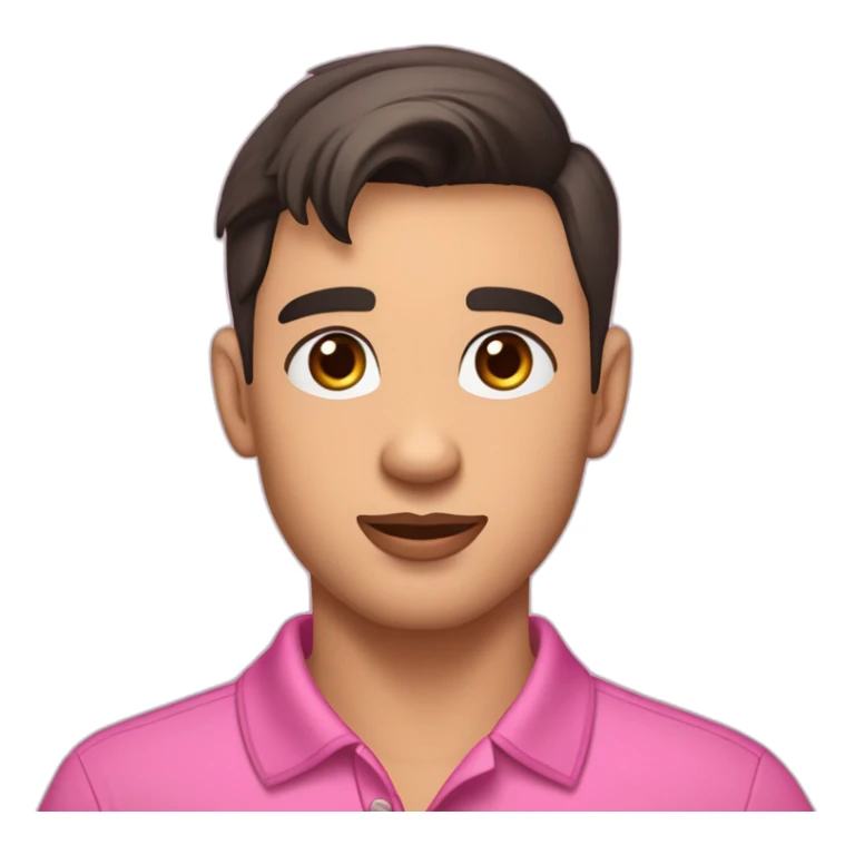 young handsome man with straight short dark hair and dark eyes with large eyelashes and plump pink lips protruding cheekbones in a sports polo shirt with a dog sticker