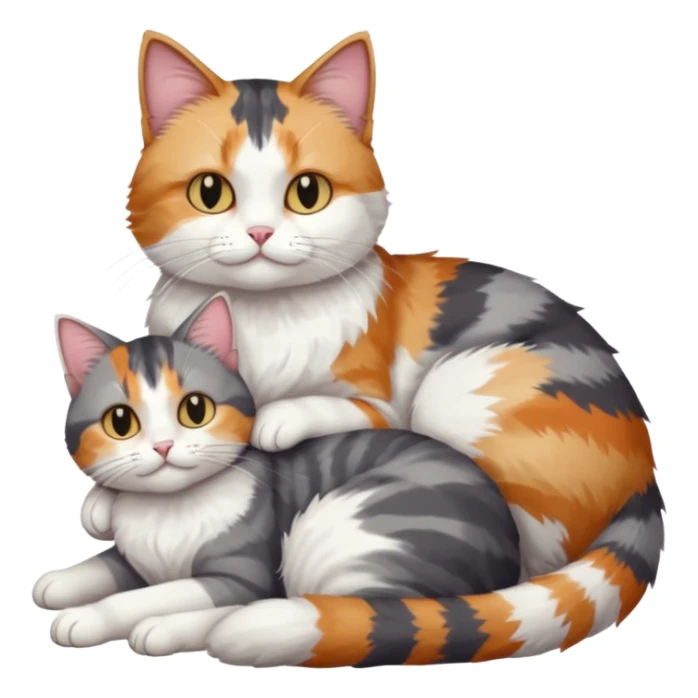 full body colourful light patched calico + white tabby cat cuddling a grey and white cat  sticker