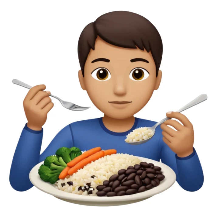 Create a person having lunch. Not a sandwich. Rice, beans, vegetables and chicken. sticker