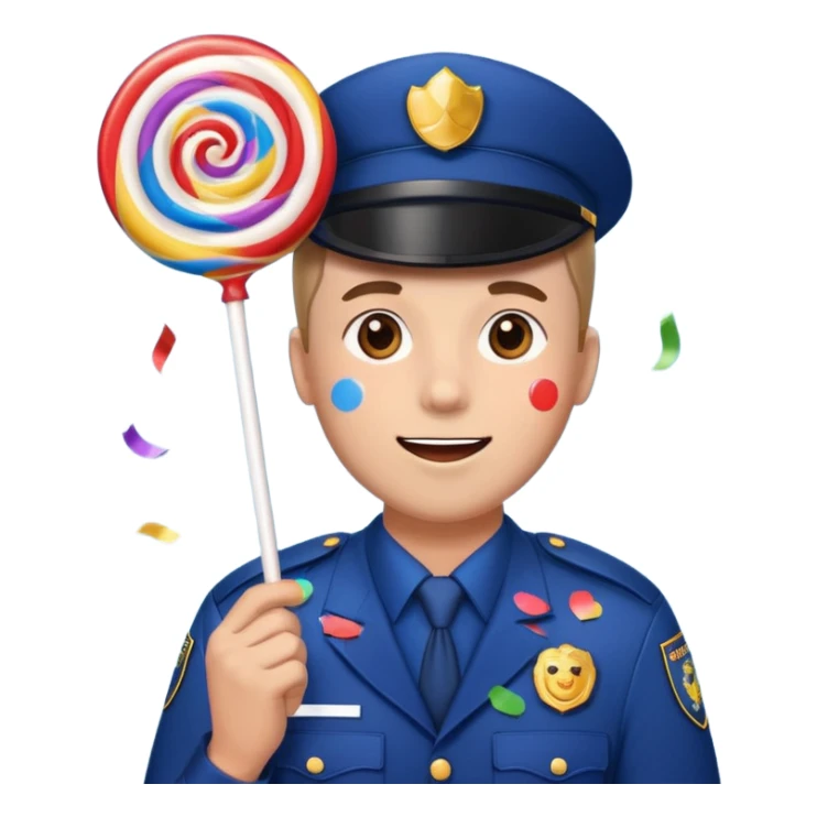 security guard head, birthday confetti, holding a large lollipop, happy sticker