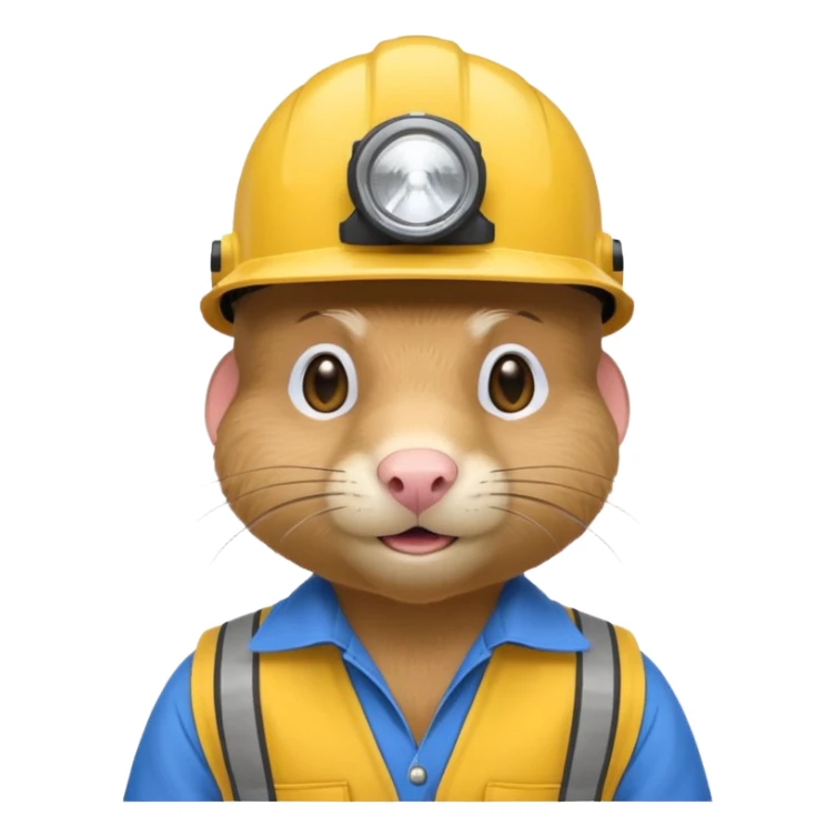 a mole rat, blue helmet, headlamp, yellow worker cloth sticker