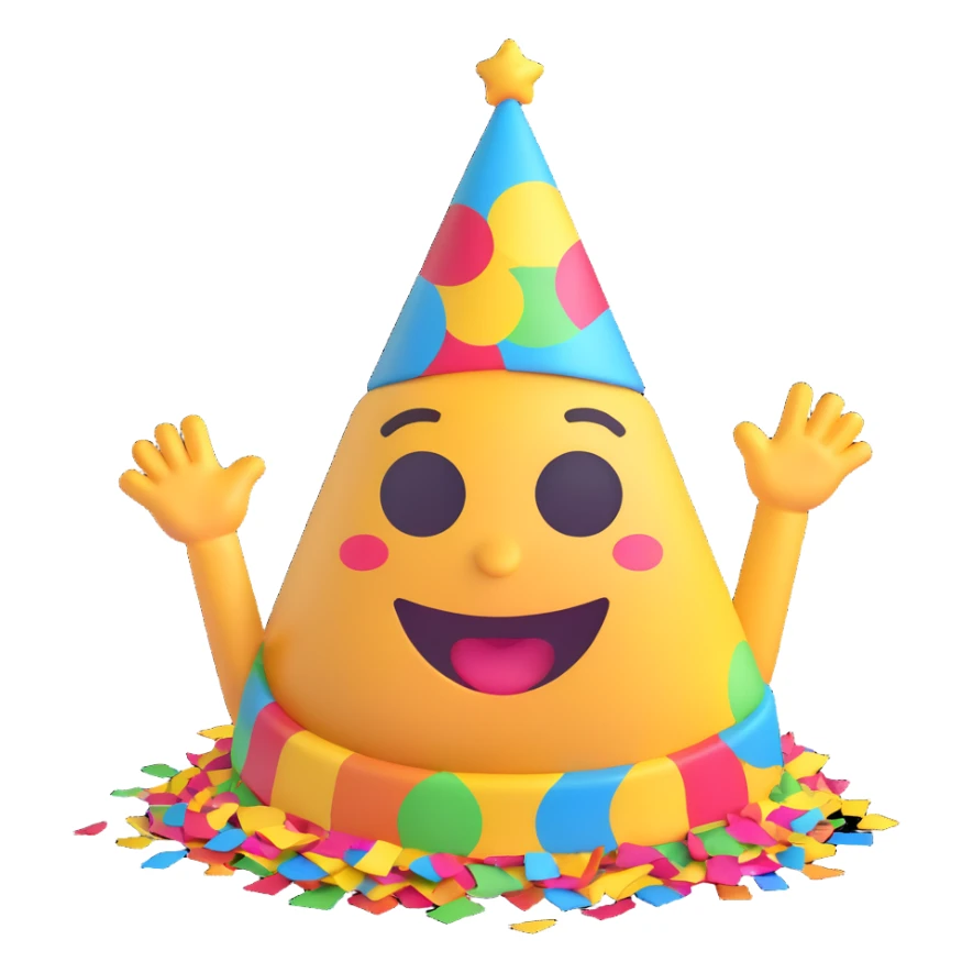 emoji celebrating with party hat, confetti, happy, 3d fluent style sticker
