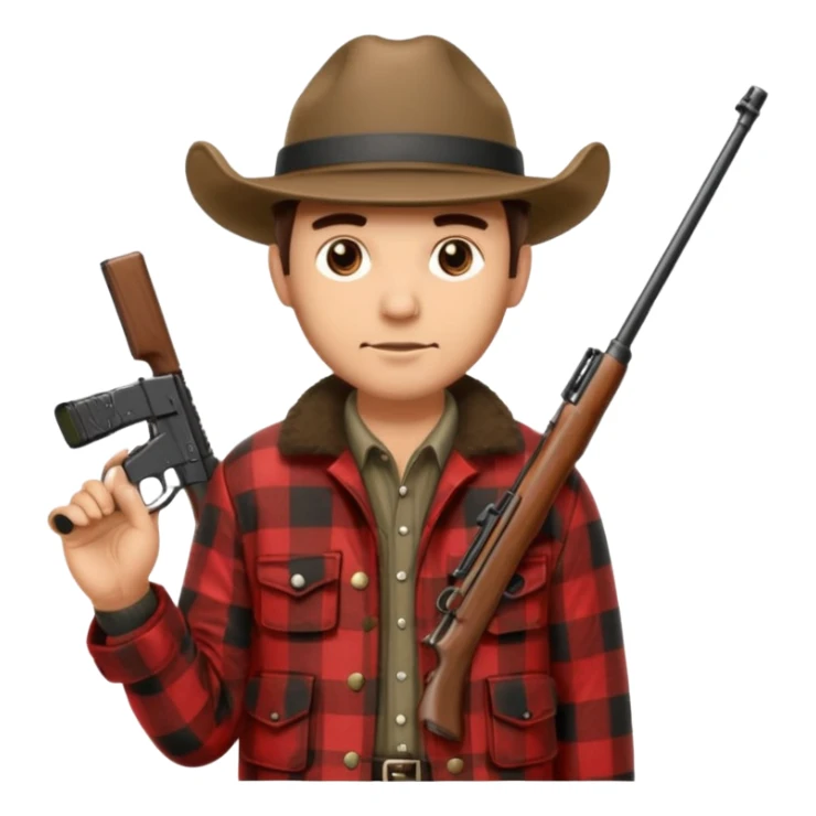 Man wearing buffalo plaid jacket and hat, with rifle sticker