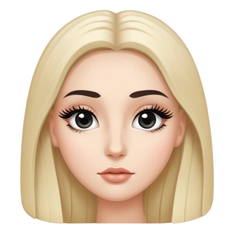 White girl with long oval face, huge round black eyes, big eyelashes, no makeup, natural lips, long straight black middle-parted hair sticker